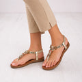 Women's Gold Multi Embellished T-Bar Flat Sandals