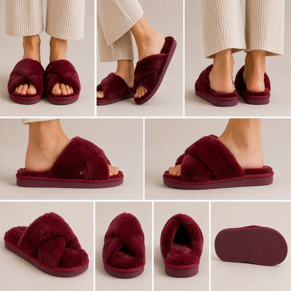 Faux Fur Cross Strap Flat Slippers