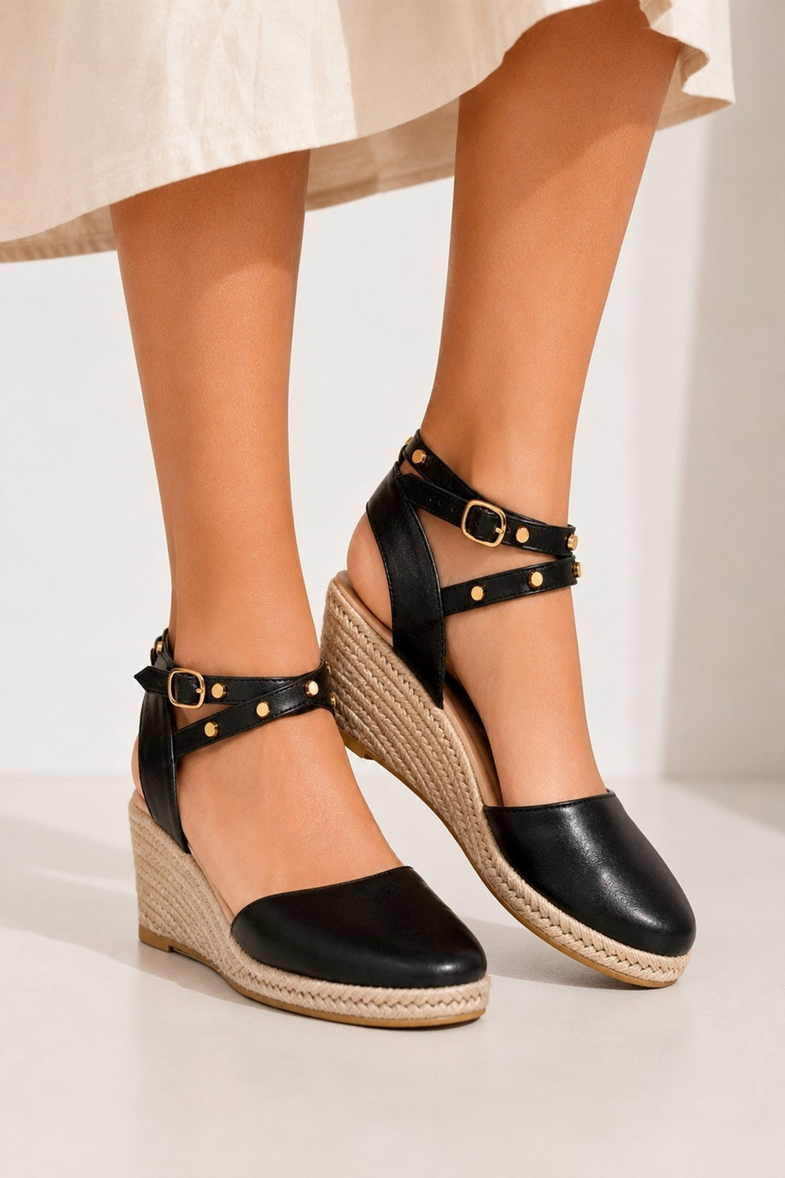 Studded Ankle Strap Espadrille Wedge Sandals