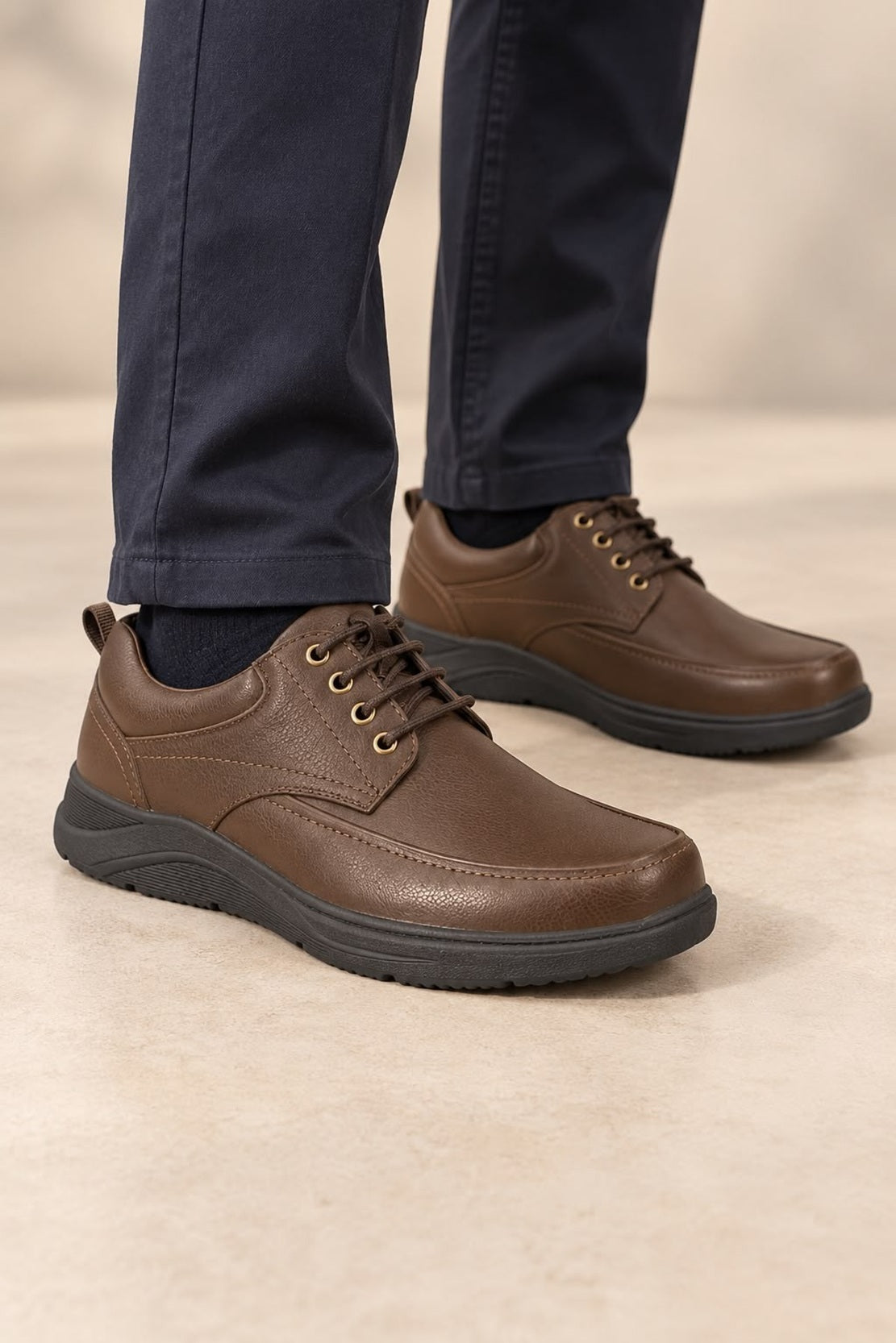 Brown PU Leather Lace-Up Casual Comfort Shoes Extra Wide Fit