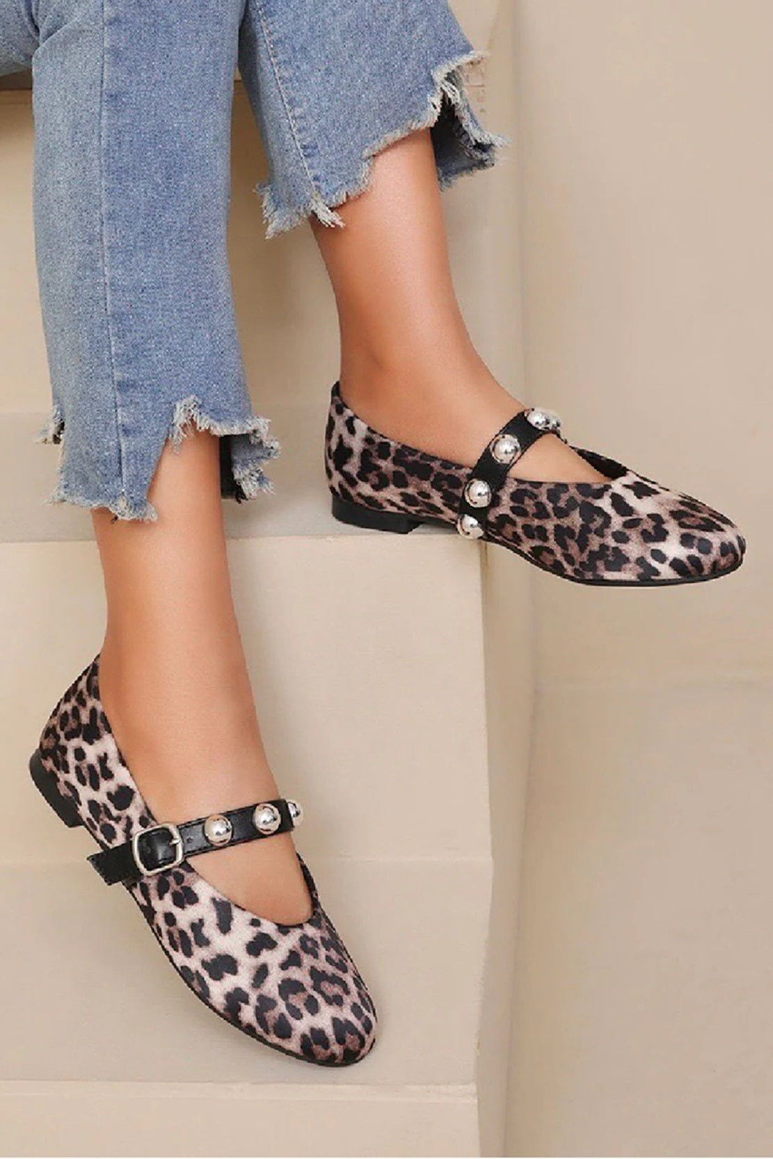 Leopard Print Cross-Strap Silver Stud Detail Mary Jane Flat Pumps