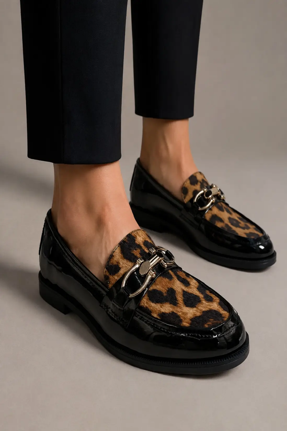 Black Patent Loafer with Leopard Print Accent and Metal Bit Detail