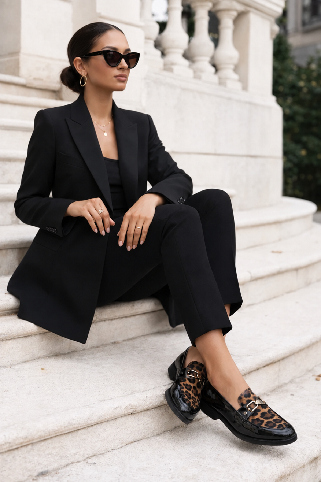 Black Patent Loafer with Leopard Print Accent and Metal Bit Detail