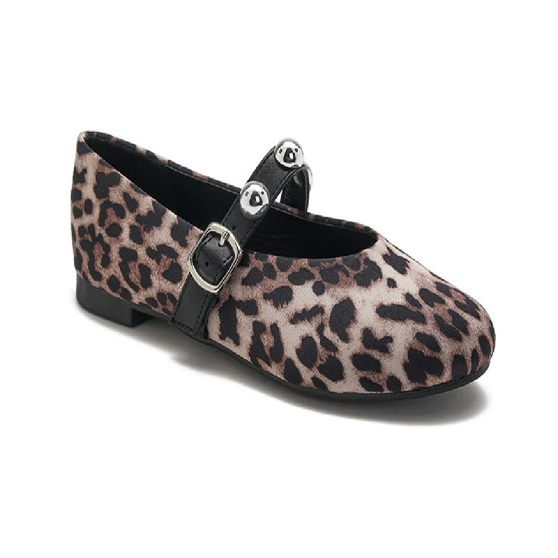 Leopard Print Cross-Strap Silver Stud Detail Mary Jane Flat Pumps