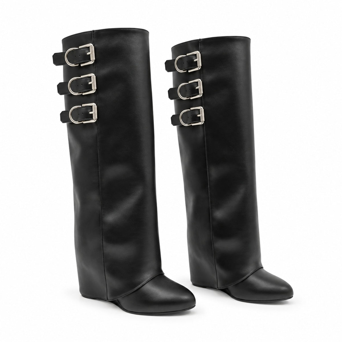 Women's Ruched Buckle Wedge Shark Boots PU Leather Hidden Zipper