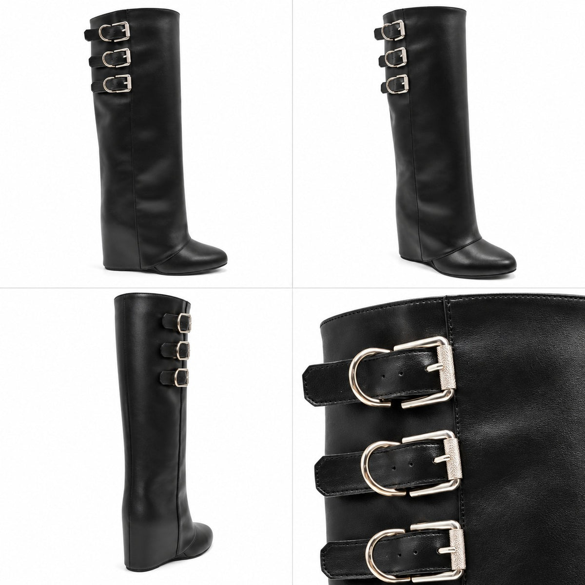 Women's Ruched Buckle Wedge Shark Boots PU Leather Hidden Zipper
