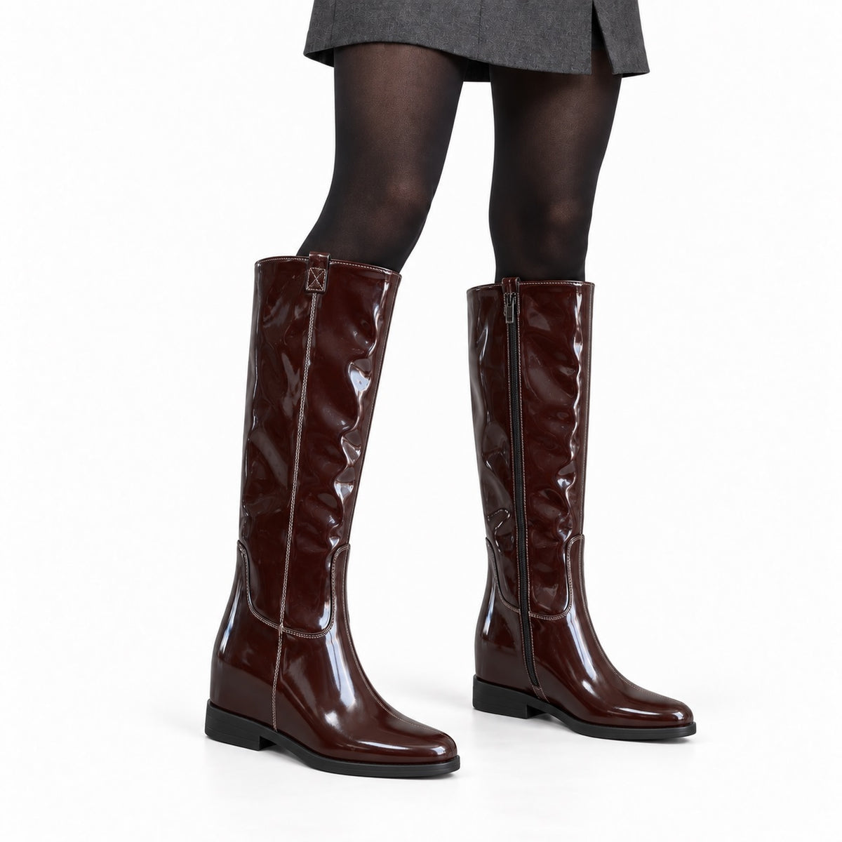 Women's Burgundy Patent Knee High Flat Boots
