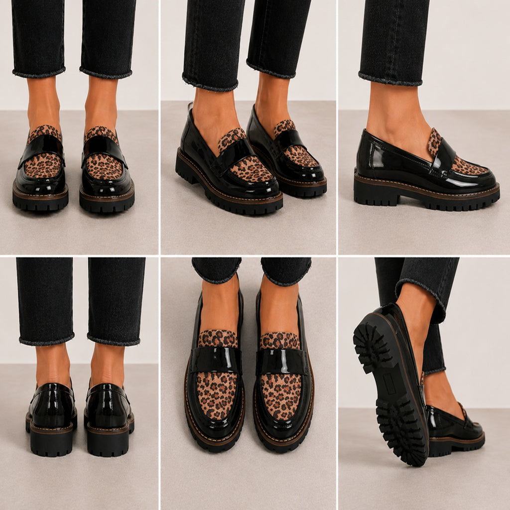 Women’s Leopard Panel Slip-On Loafers – Chunky Sole Casual Smart Shoes