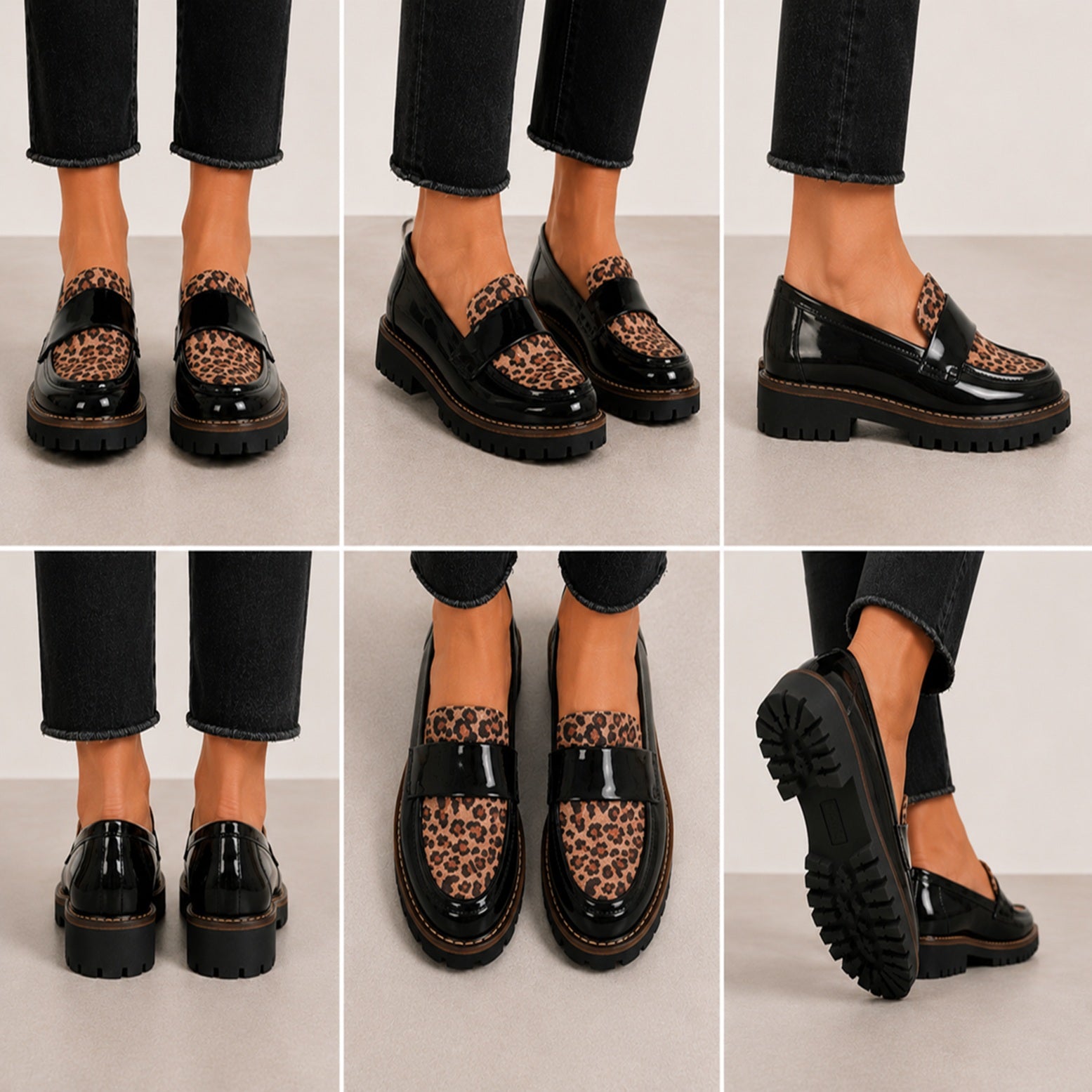 Women’s Leopard Panel Slip-On Loafers – Chunky Sole Casual Smart Shoes