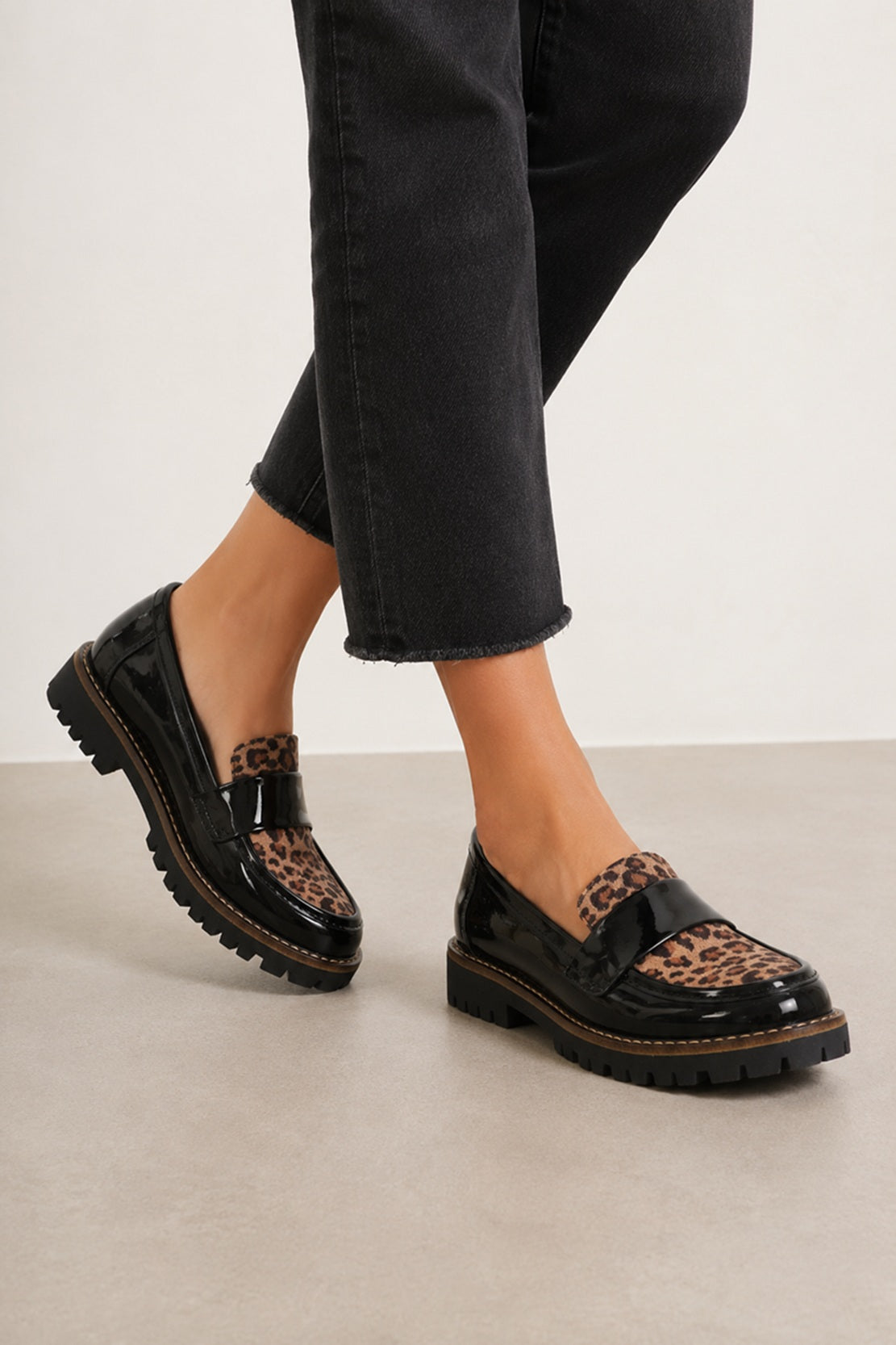 Women’s Leopard Panel Slip-On Loafers – Chunky Sole Casual Smart Shoes