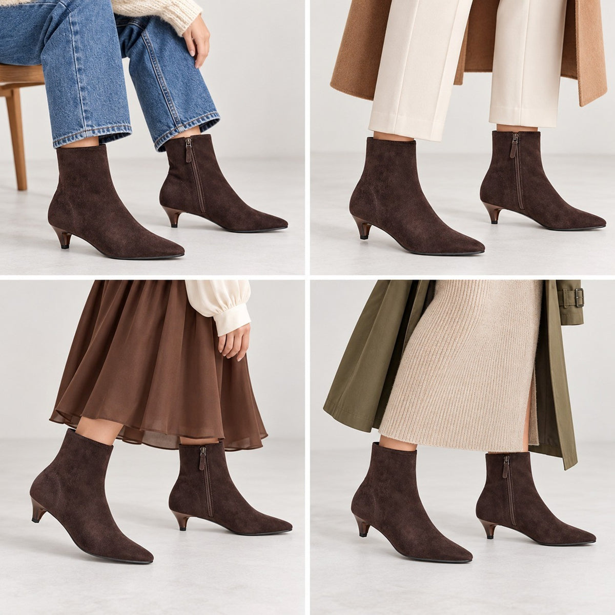 Women's Pointed Toe Kitten Heel Ankle Boots with Side Zip