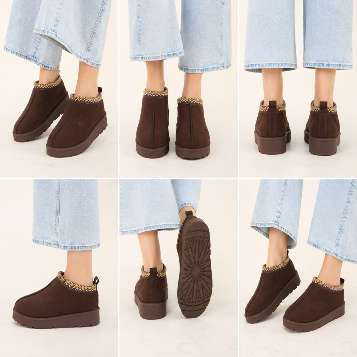 Brown Faux Suede Embroidered Aztec Cozy Slipper Boots