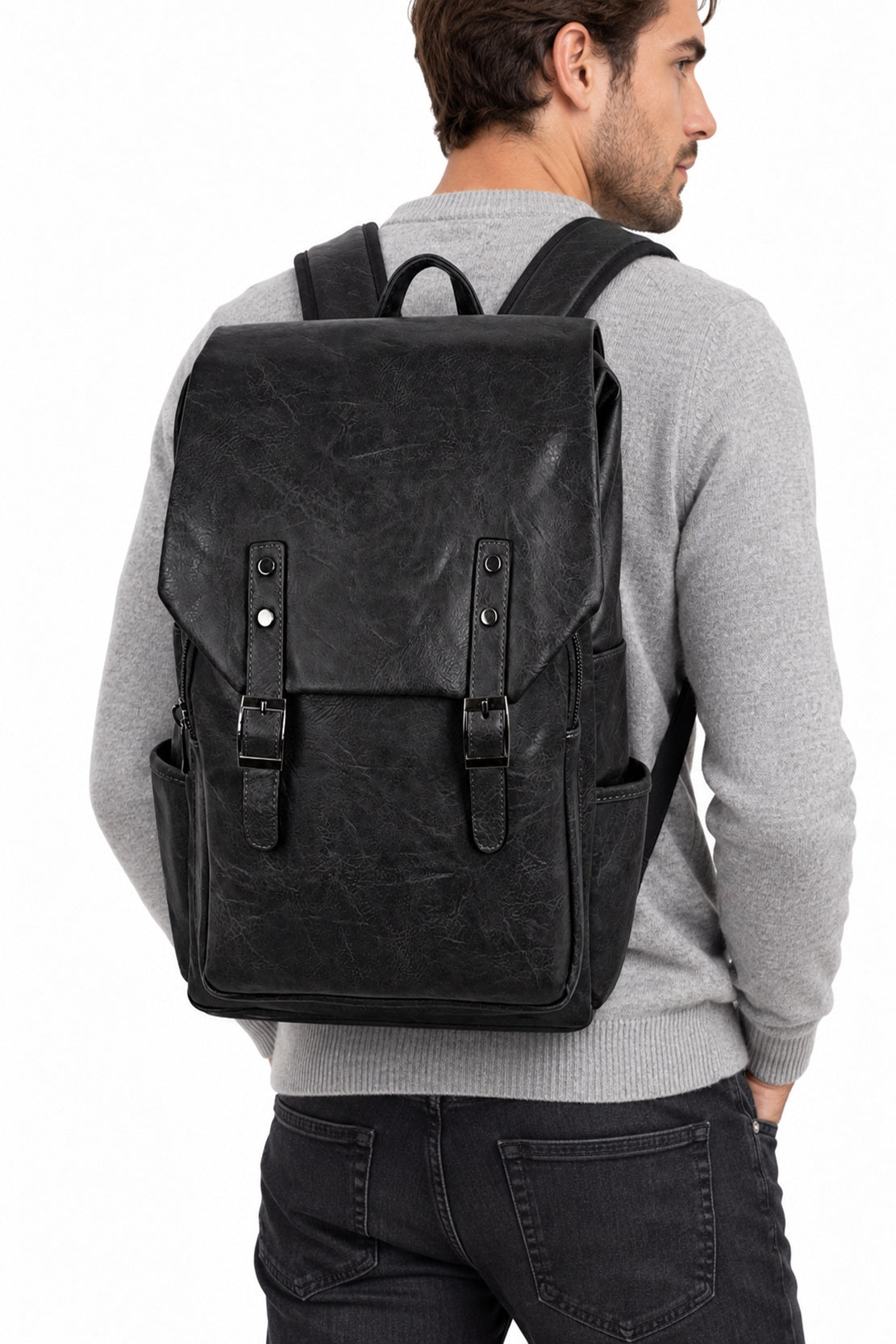 Men Leather Backapck Laptop Large Black Travel Work